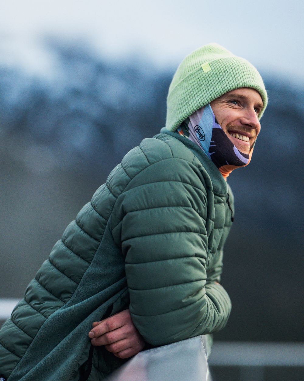 Opaline Coloured Buff Knitted Marin Beanie on blurry background 