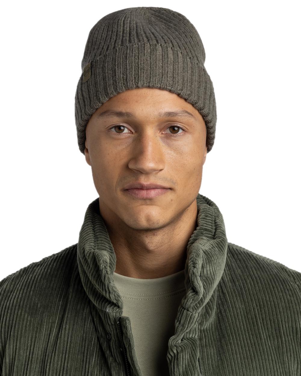 Bark Coloured Buff Knitted Norval Beanie on white background 