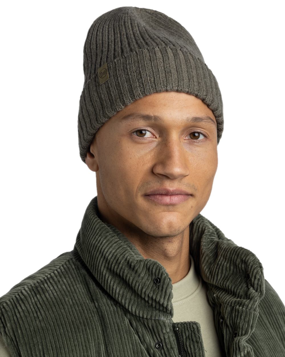 Bark Coloured Buff Knitted Norval Beanie on white background 
