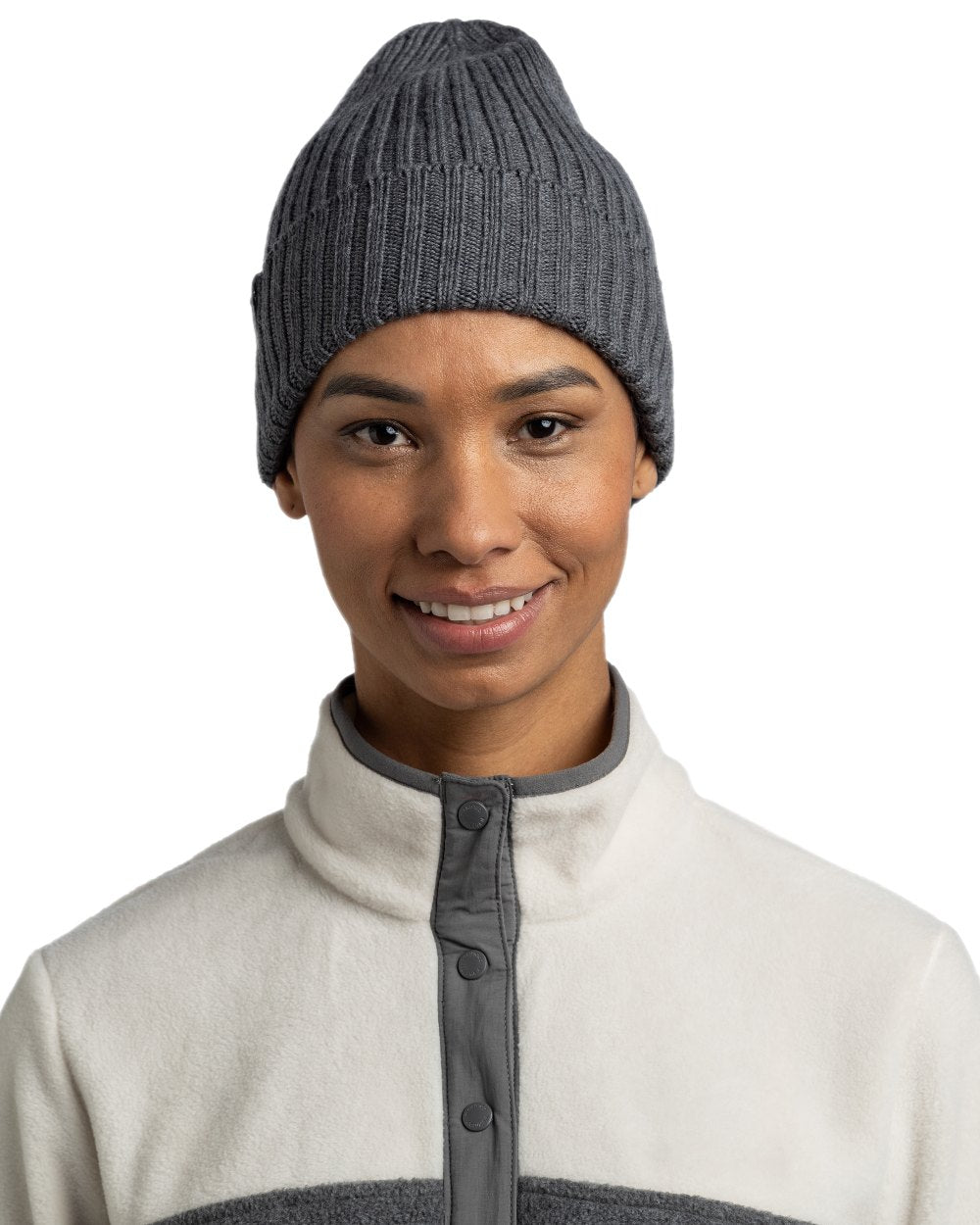 Heather Grey Coloured Buff Knitted Norval Beanie on white background 