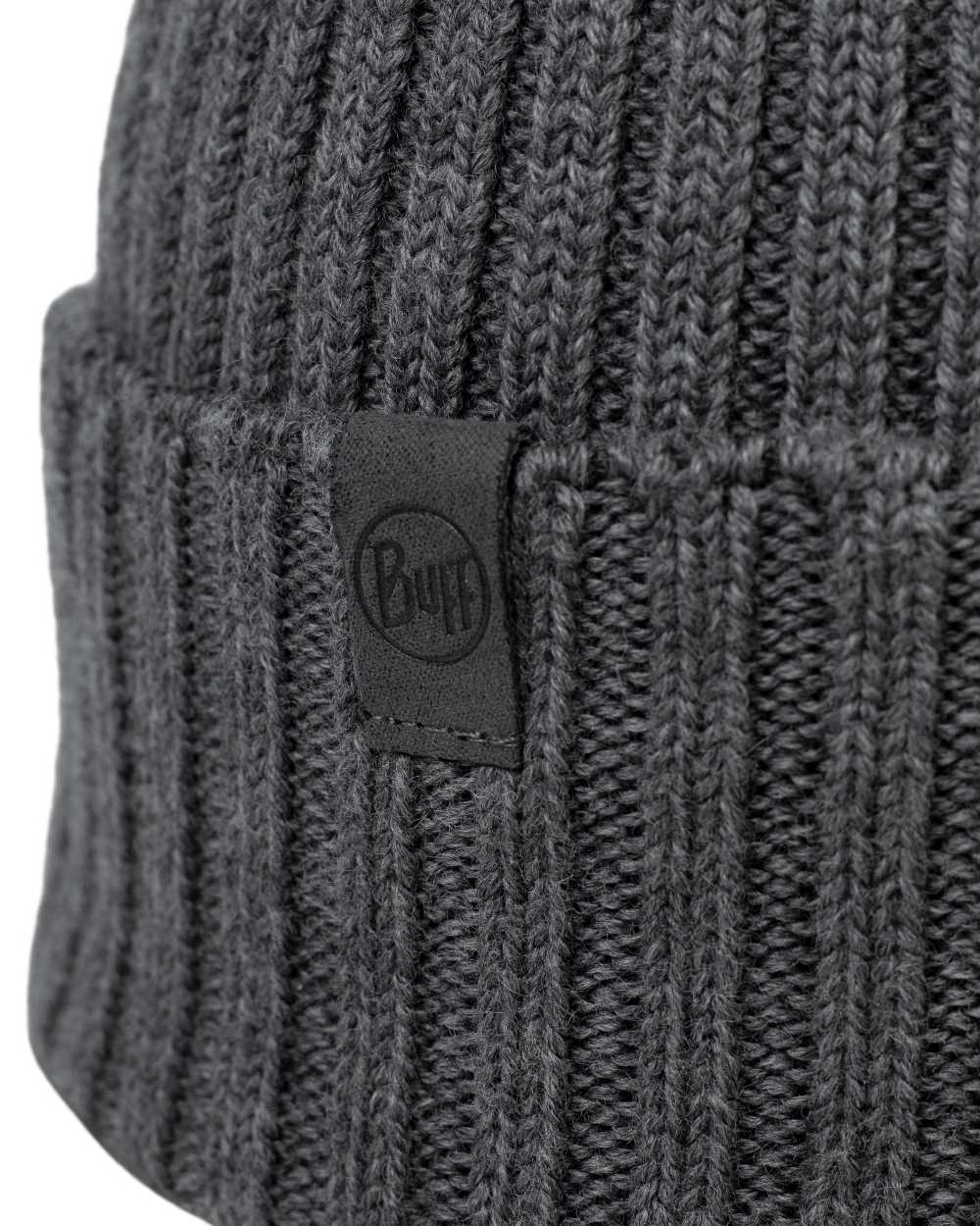 Heather Grey Coloured Buff Knitted Norval Beanie on white background 