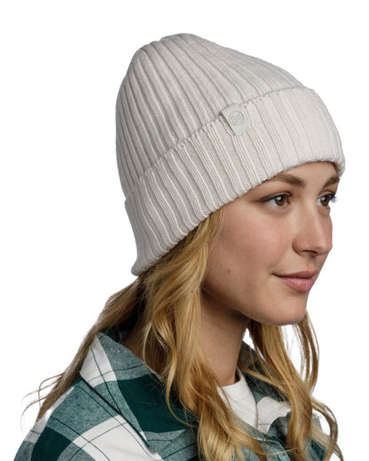 Ice Coloured Buff Knitted Norval Beanie on white background 