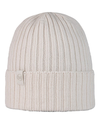 Ice Coloured Buff Knitted Norval Beanie on white background 