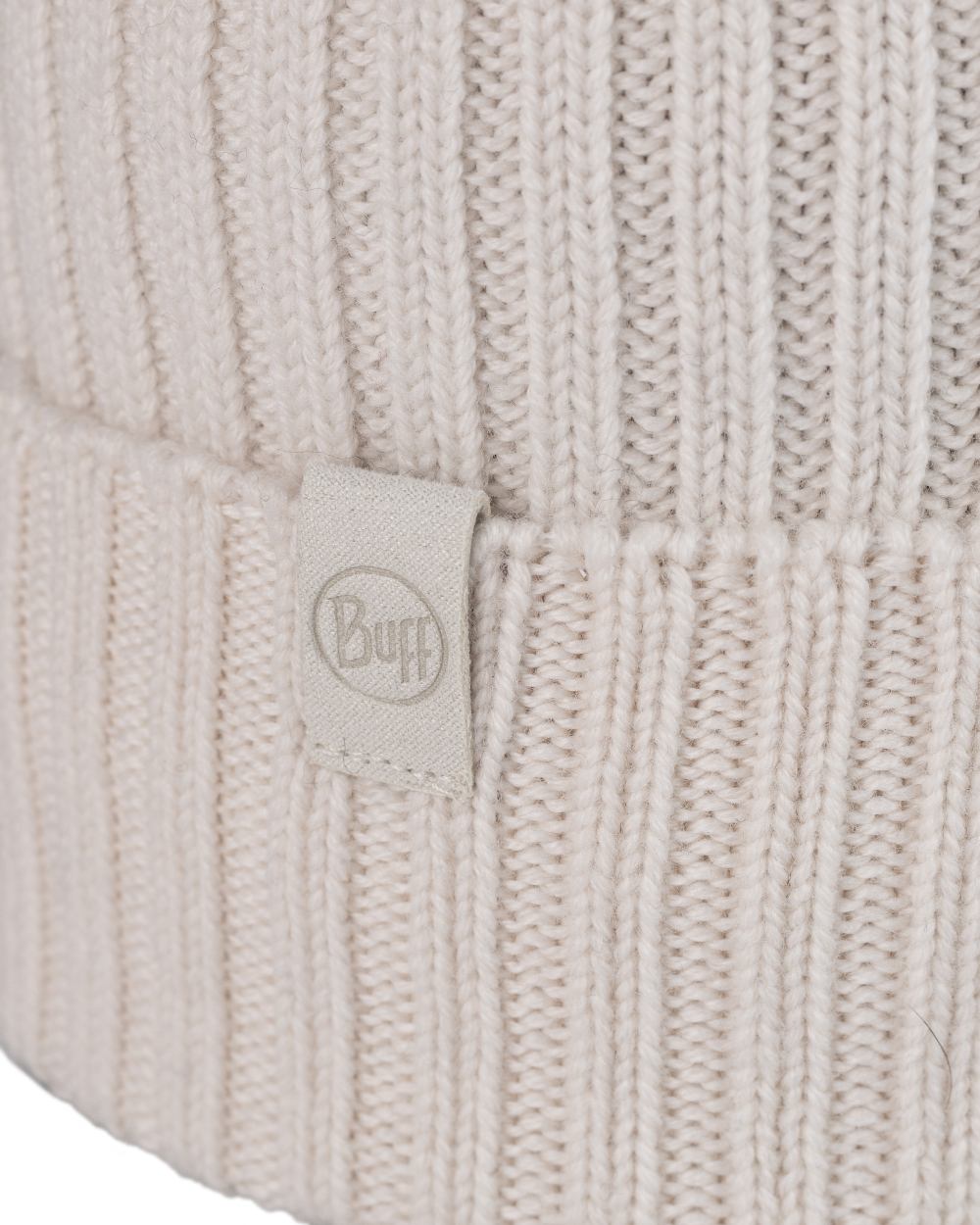 Ice Coloured Buff Knitted Norval Beanie on white background 