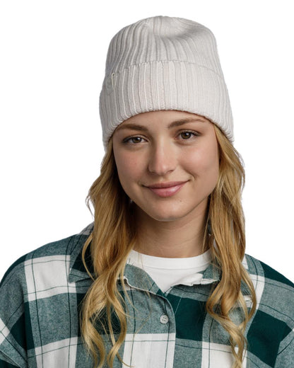 Ice Coloured Buff Knitted Norval Beanie on white background 