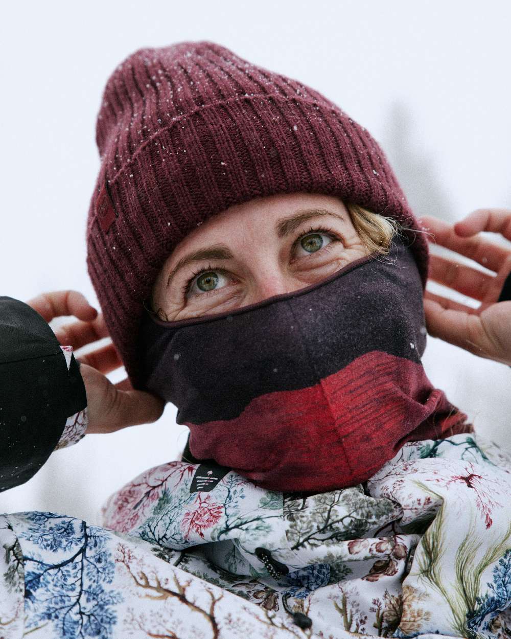 Maroon Coloured Buff Knitted Norval Beanie on snow background 