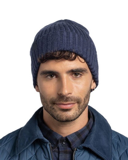 Midnight Coloured Buff Knitted Norval Beanie on white background 