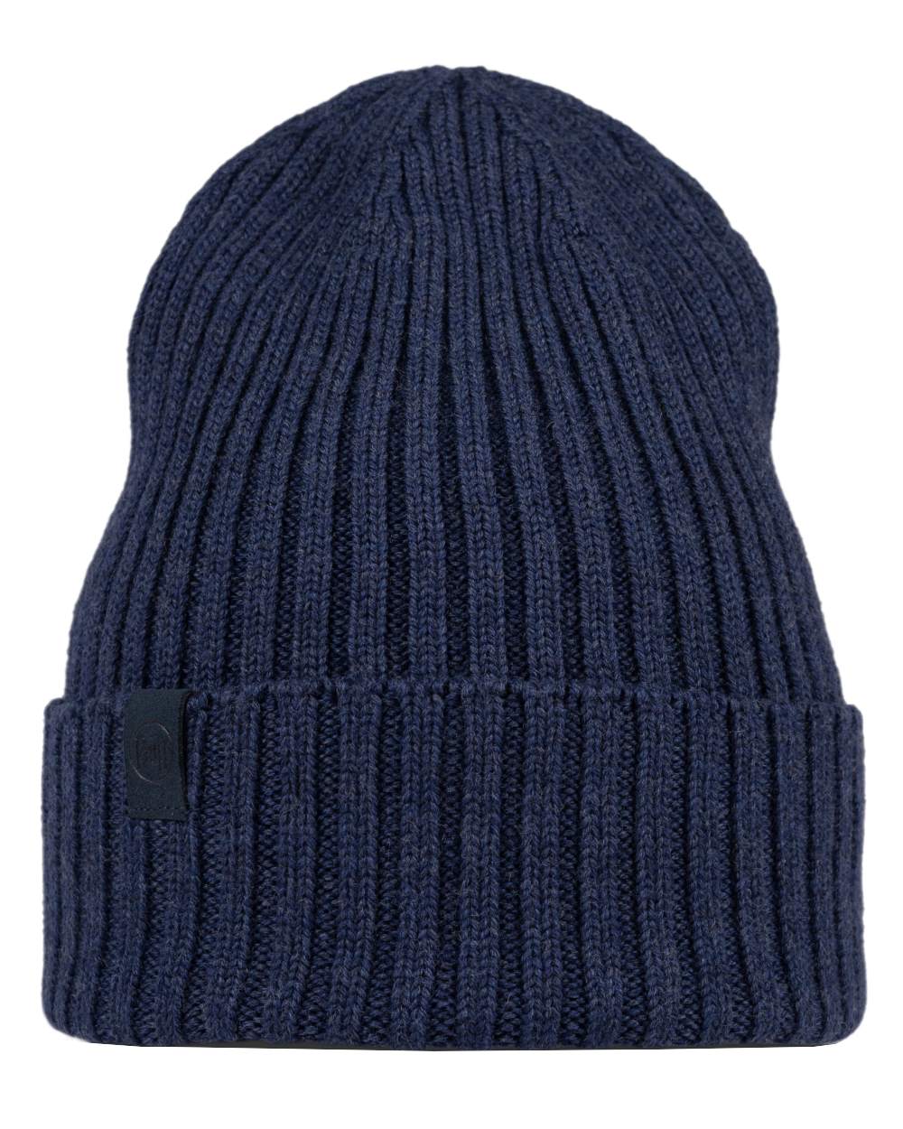 Midnight Coloured Buff Knitted Norval Beanie on white background 