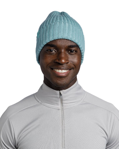 Pool Coloured Buff Knitted Norval Beanie on white background 