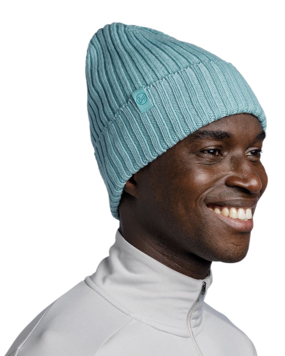 Pool Coloured Buff Knitted Norval Beanie on white background 