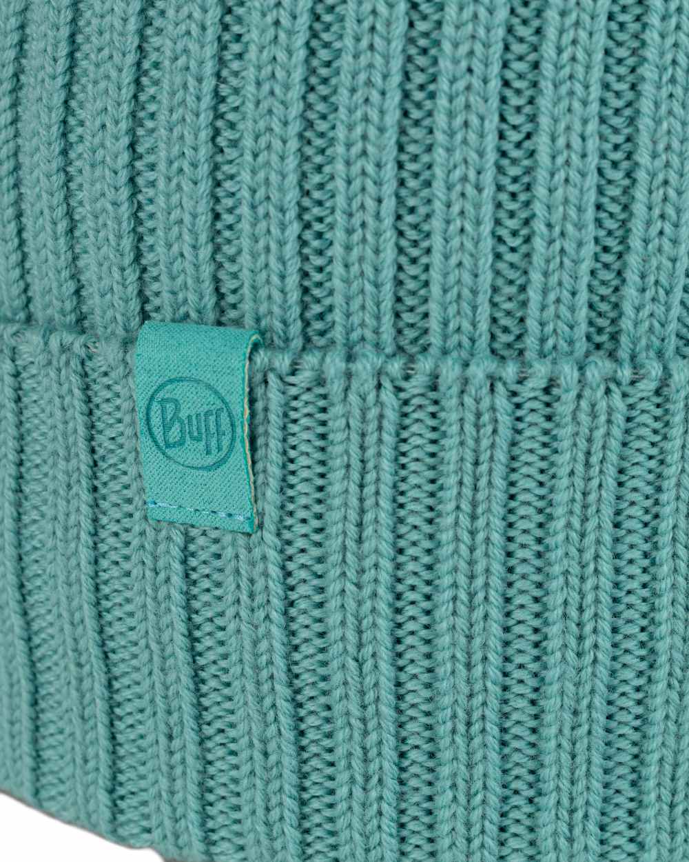 Pool Coloured Buff Knitted Norval Beanie on white background 