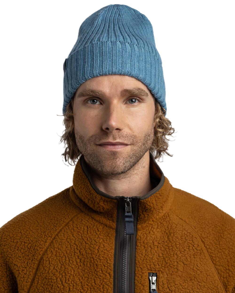Water Coloured Buff Knitted Norval Beanie on white background 