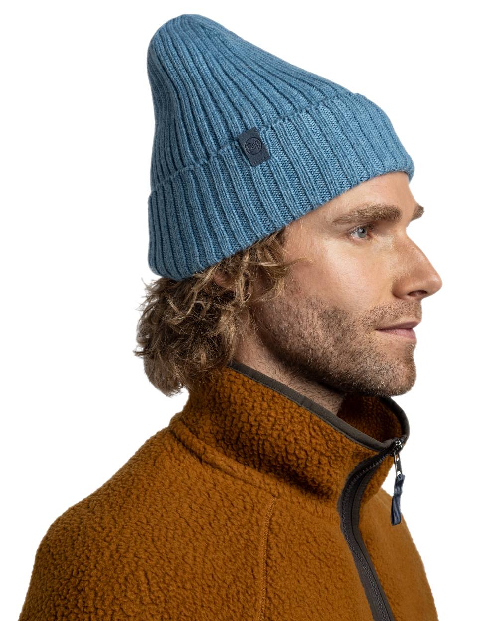 Water Coloured Buff Knitted Norval Beanie on white background 