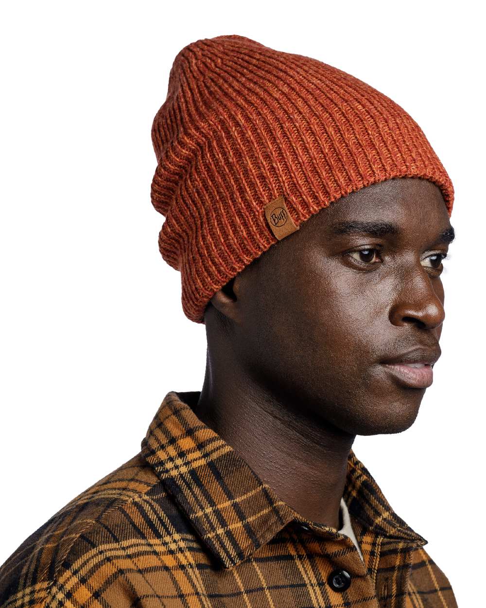 Cinnamon Coloured Buff Knitted Polar Beanie on white background 