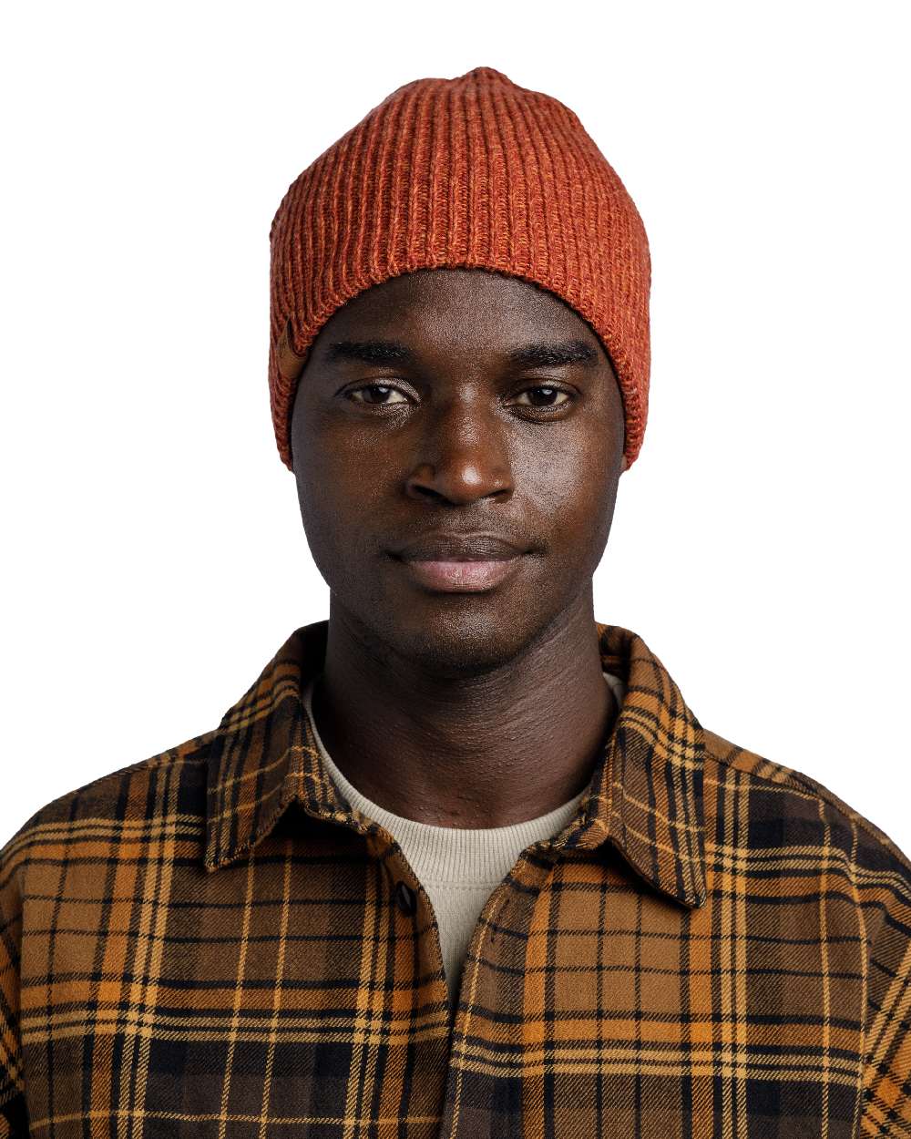 Cinnamon Coloured Buff Knitted Polar Beanie on white background 