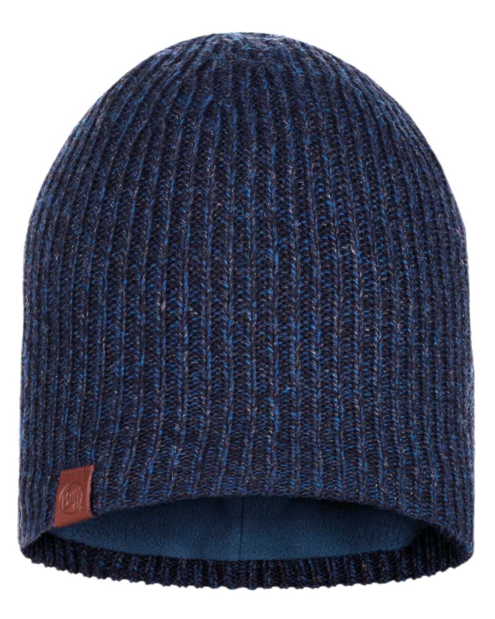Night Blue Coloured Buff Knitted Polar Beanie on white background 
