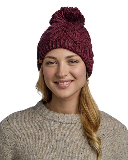 Dahlia Coloured Buff Caryn Knitted &amp; Fleece Caryn Beanie on white background 