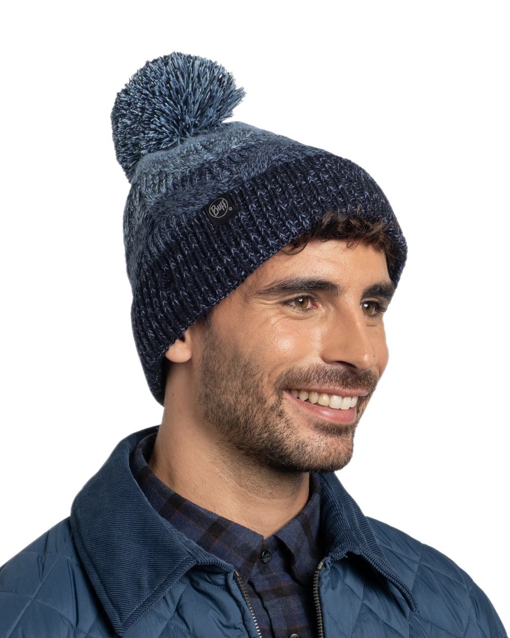 Water Coloured Buff Masha Knitted &amp; Fleece Beanie on white background 