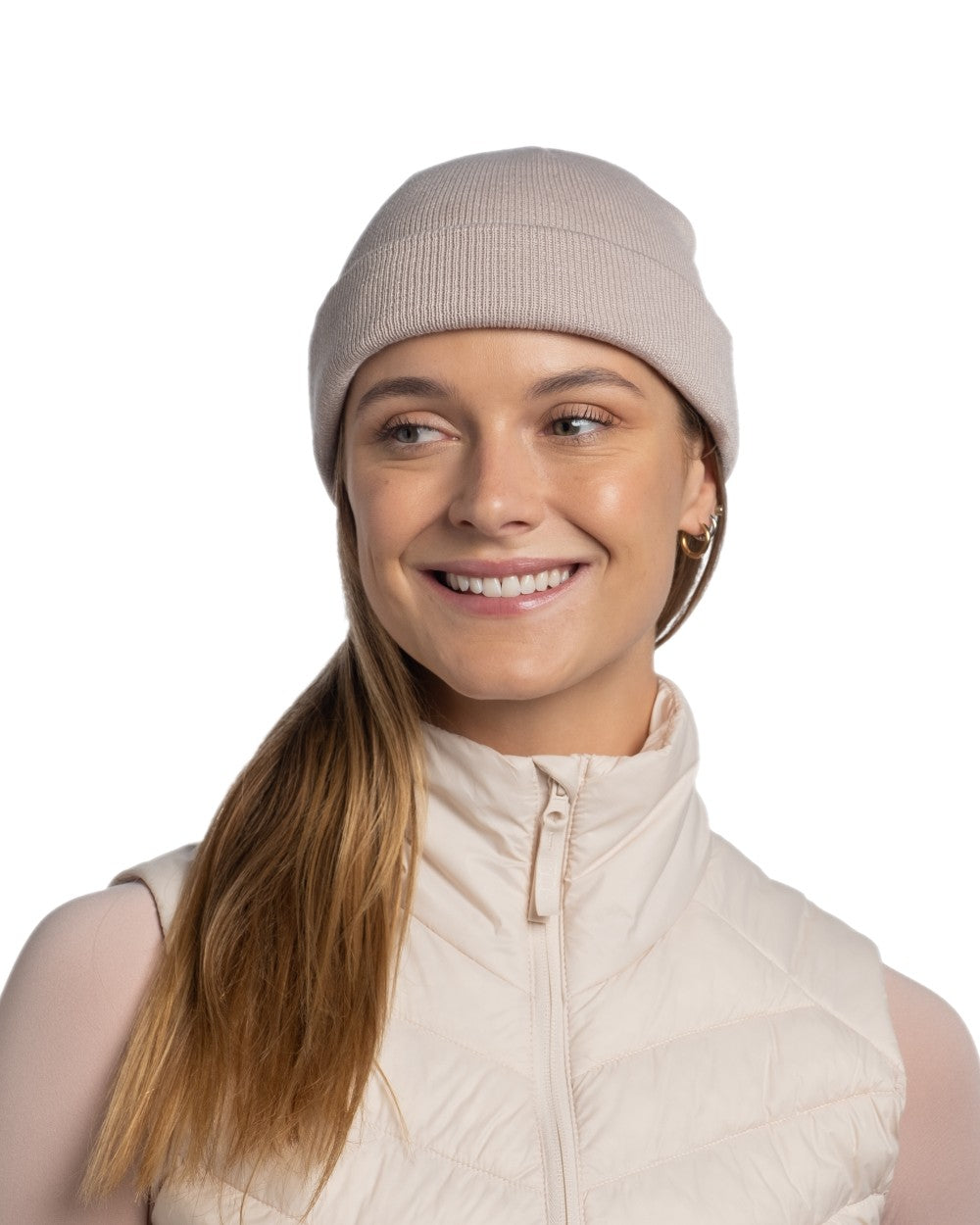 Birch Grey Coloured Buff Lilon Fisherman Knitted Beanie on white background 