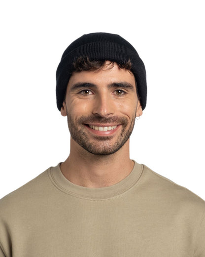 Black Coloured Buff Lilon Fisherman Knitted Beanie on white background 