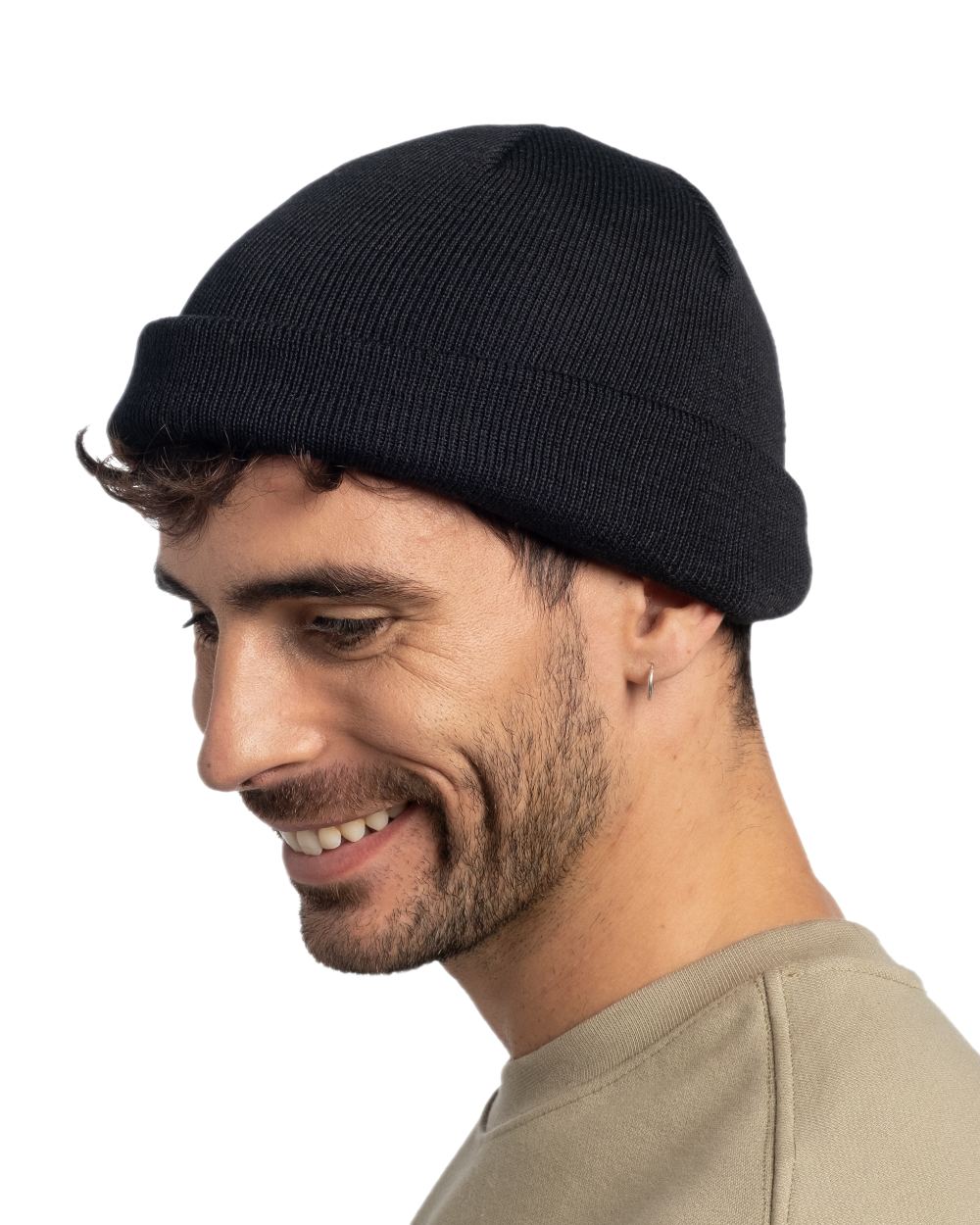 Black Coloured Buff Lilon Fisherman Knitted Beanie on white background 