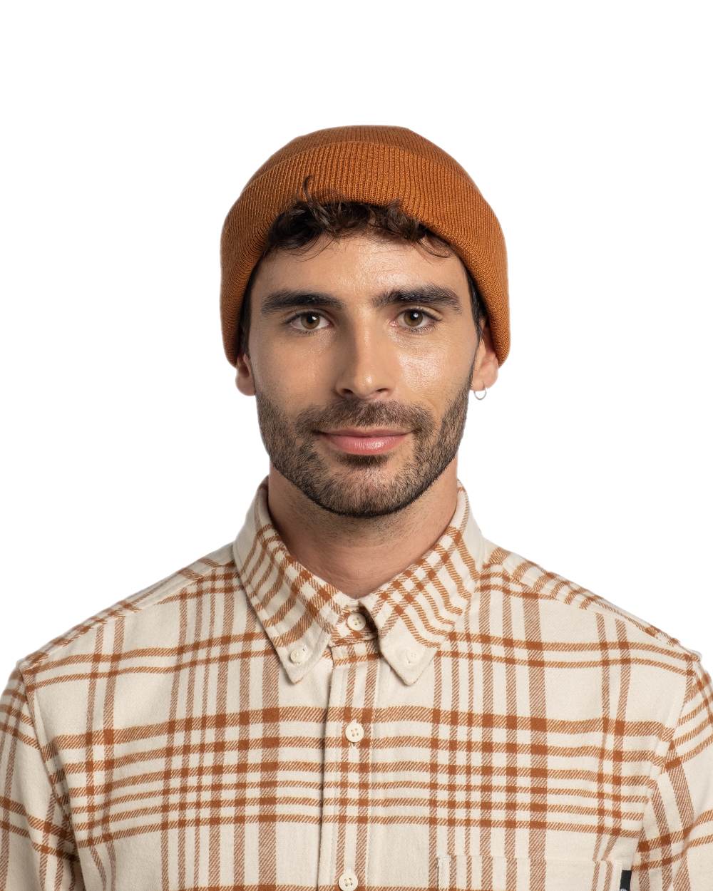 Copper Coloured Buff Lilon Fisherman Knitted Beanie on white background 