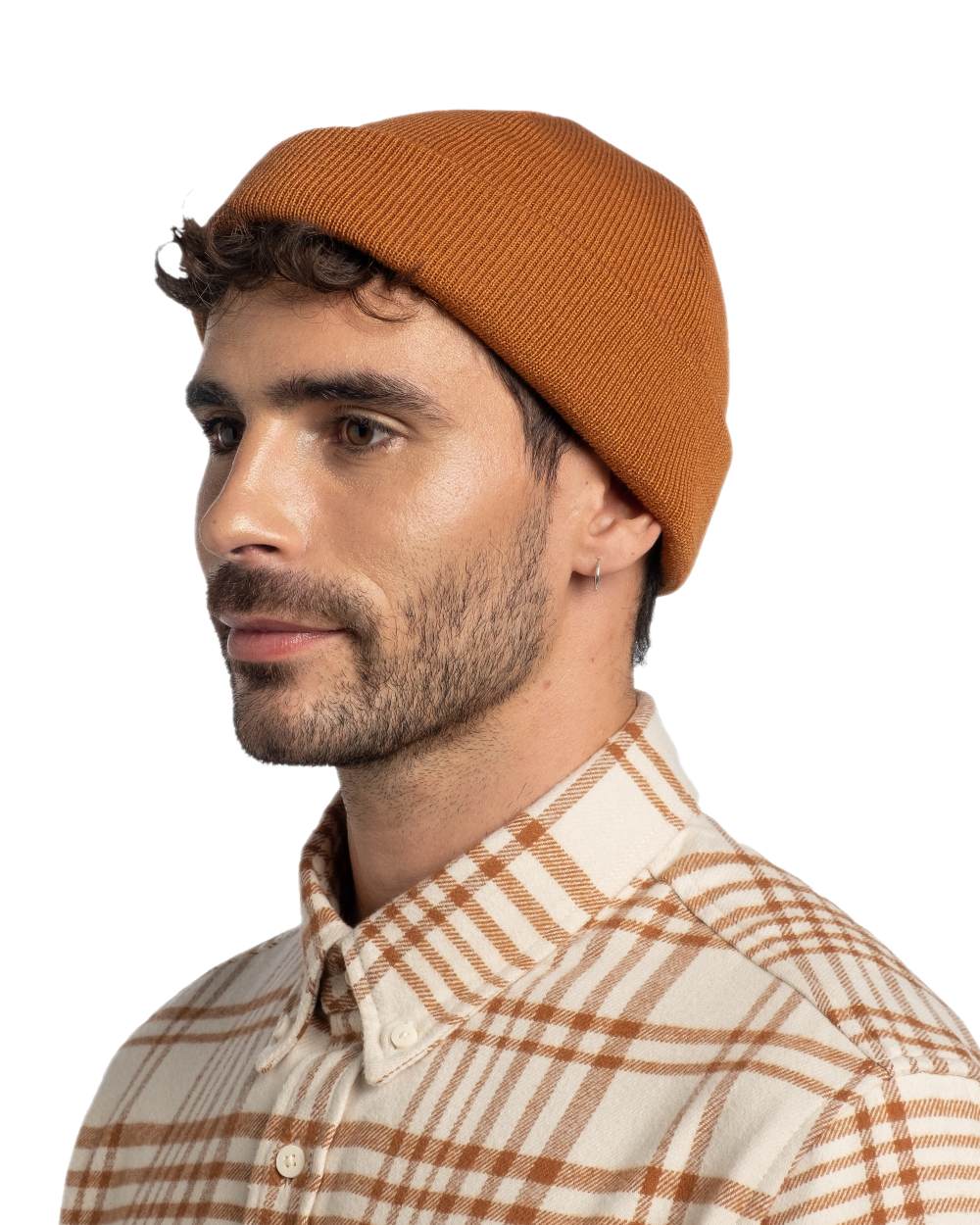 Copper Coloured Buff Lilon Fisherman Knitted Beanie on white background 