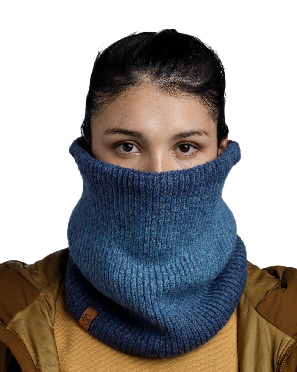 Denim Coloured Buff Marin Knitted &amp; Polar Neck Warmer on white background 