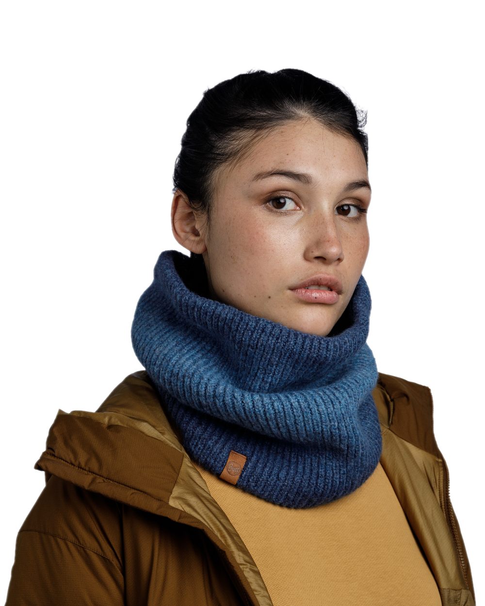 Denim Coloured Buff Marin Knitted &amp; Polar Neck Warmer on white background 