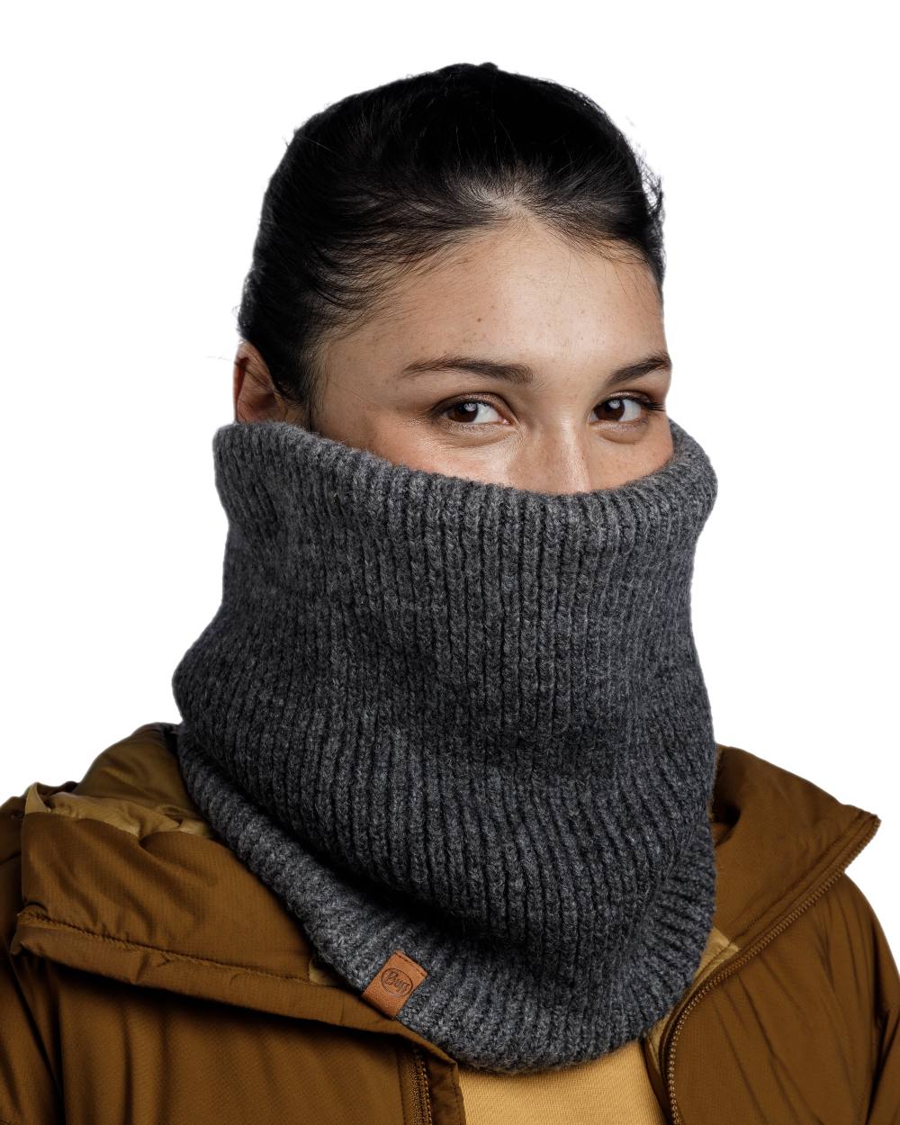 Graphite Coloured Buff Marin Knitted &amp; Polar Neck Warmer on white background 