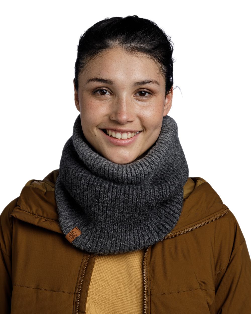 Graphite Coloured Buff Marin Knitted &amp; Polar Neck Warmer on white background 