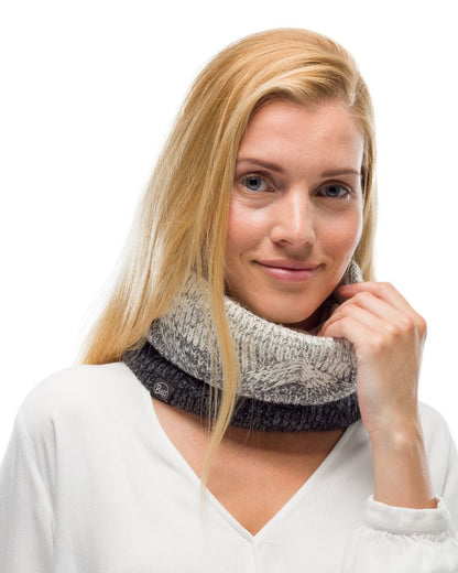 Grey Coloured Buff Masha Knitted &amp; Polar Neck Warmer on white background 