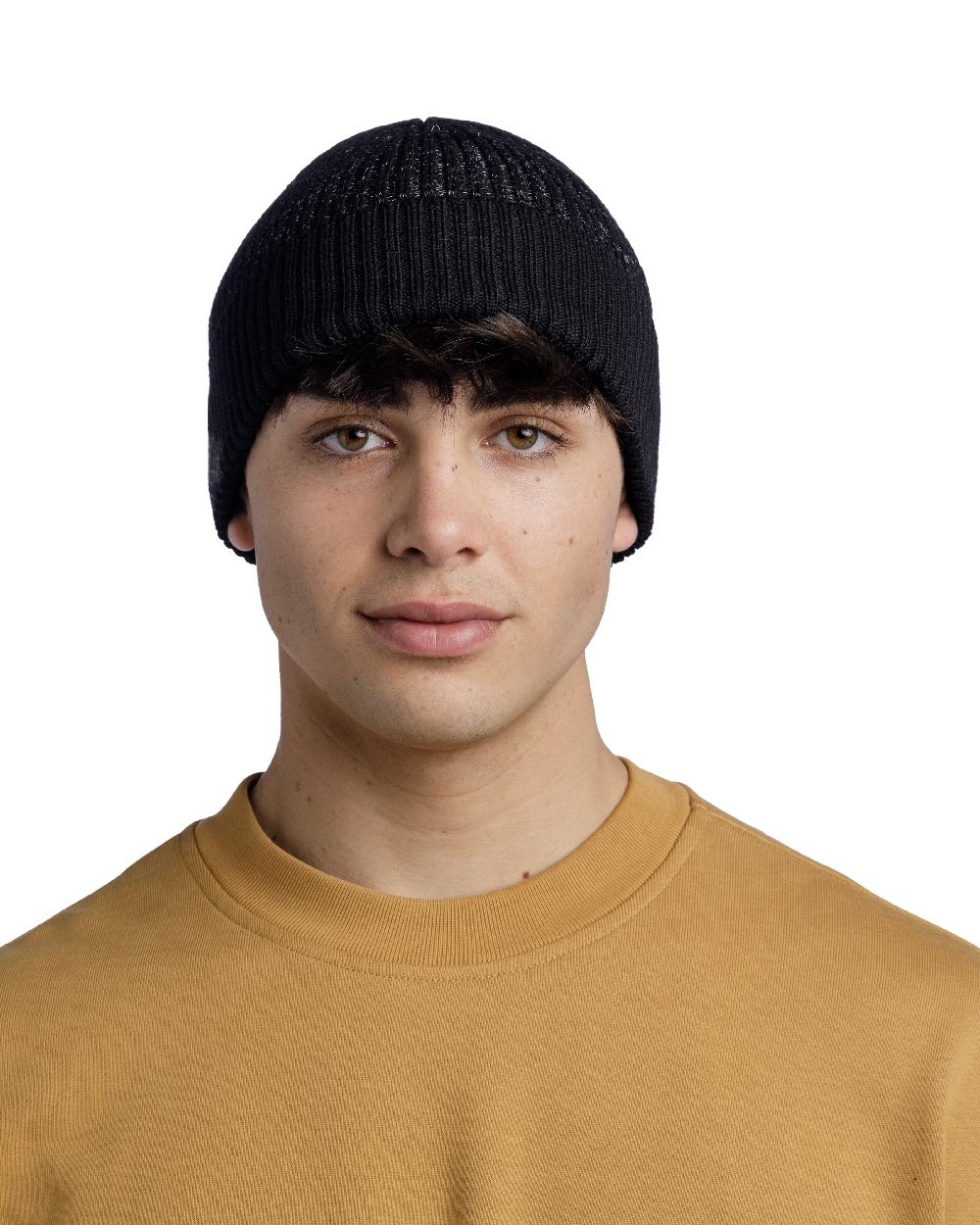 Black Coloured Buff Merino Active Beanie on white background 