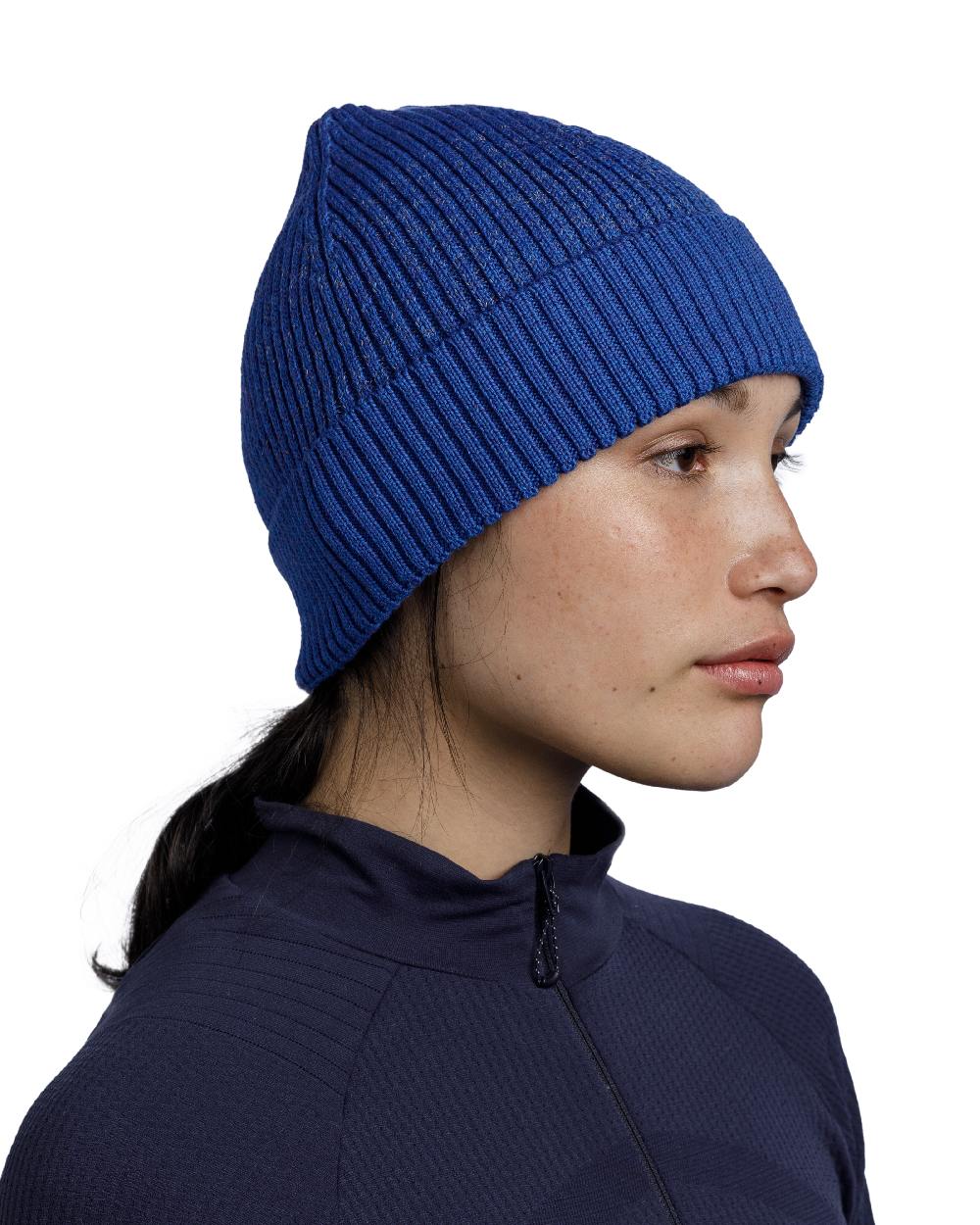 Cobalt Coloured Buff Merino Active Beanie on white background 