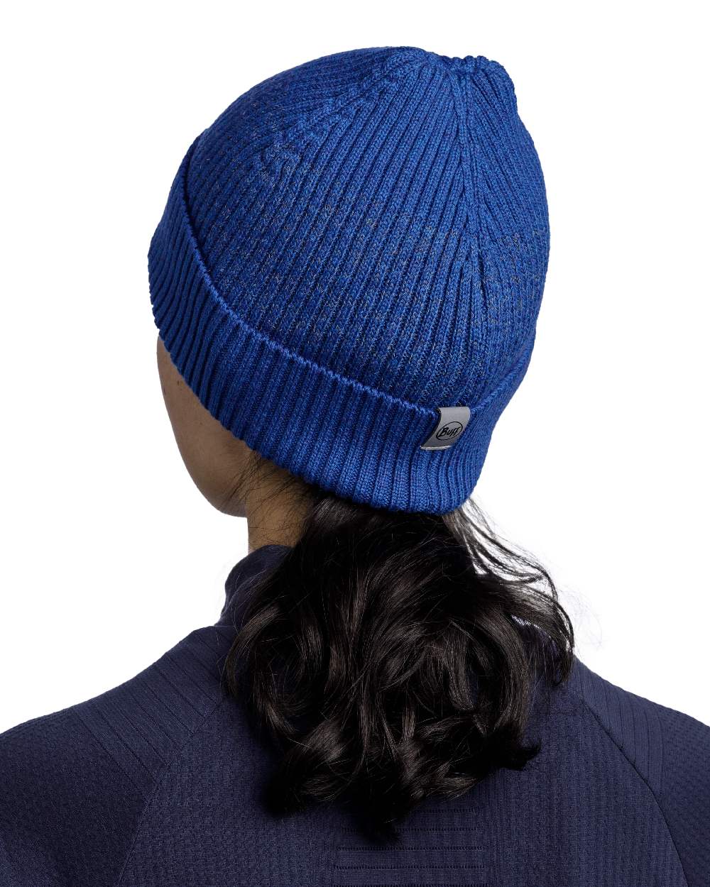 Cobalt Coloured Buff Merino Active Beanie on white background 