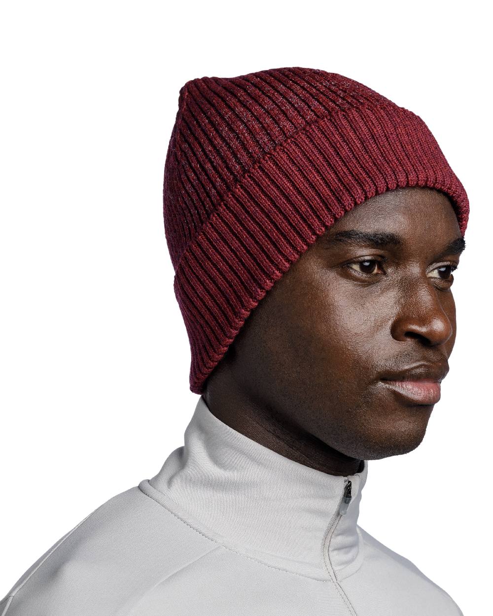 Garnet Coloured Buff Merino Active Beanie on white background 