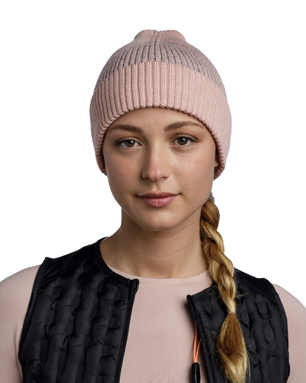 Pale Pink Coloured Buff Merino Active Beanie on white background 