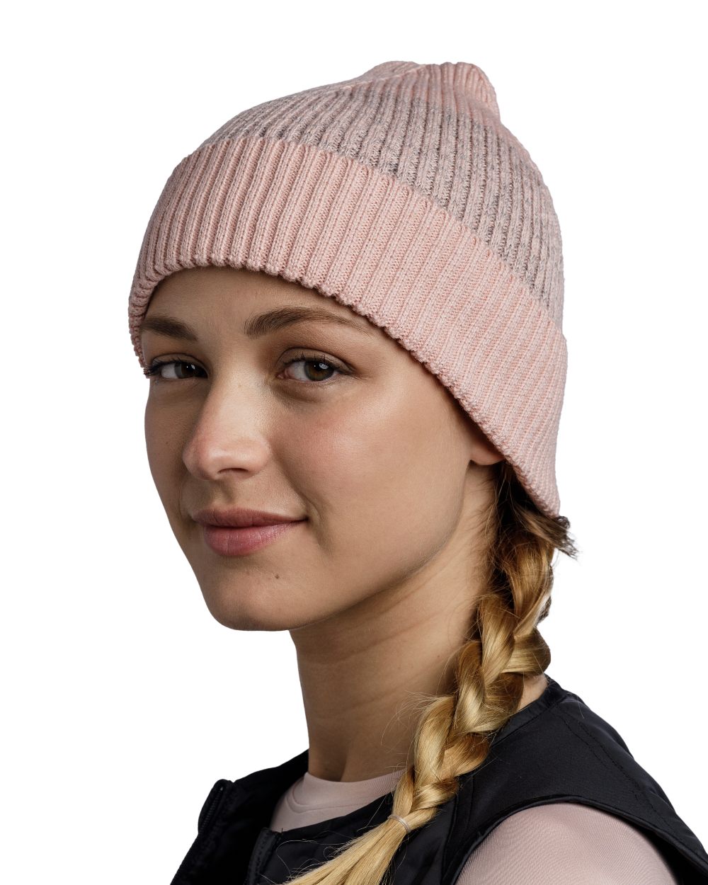 Pale Pink Coloured Buff Merino Active Beanie on white background 