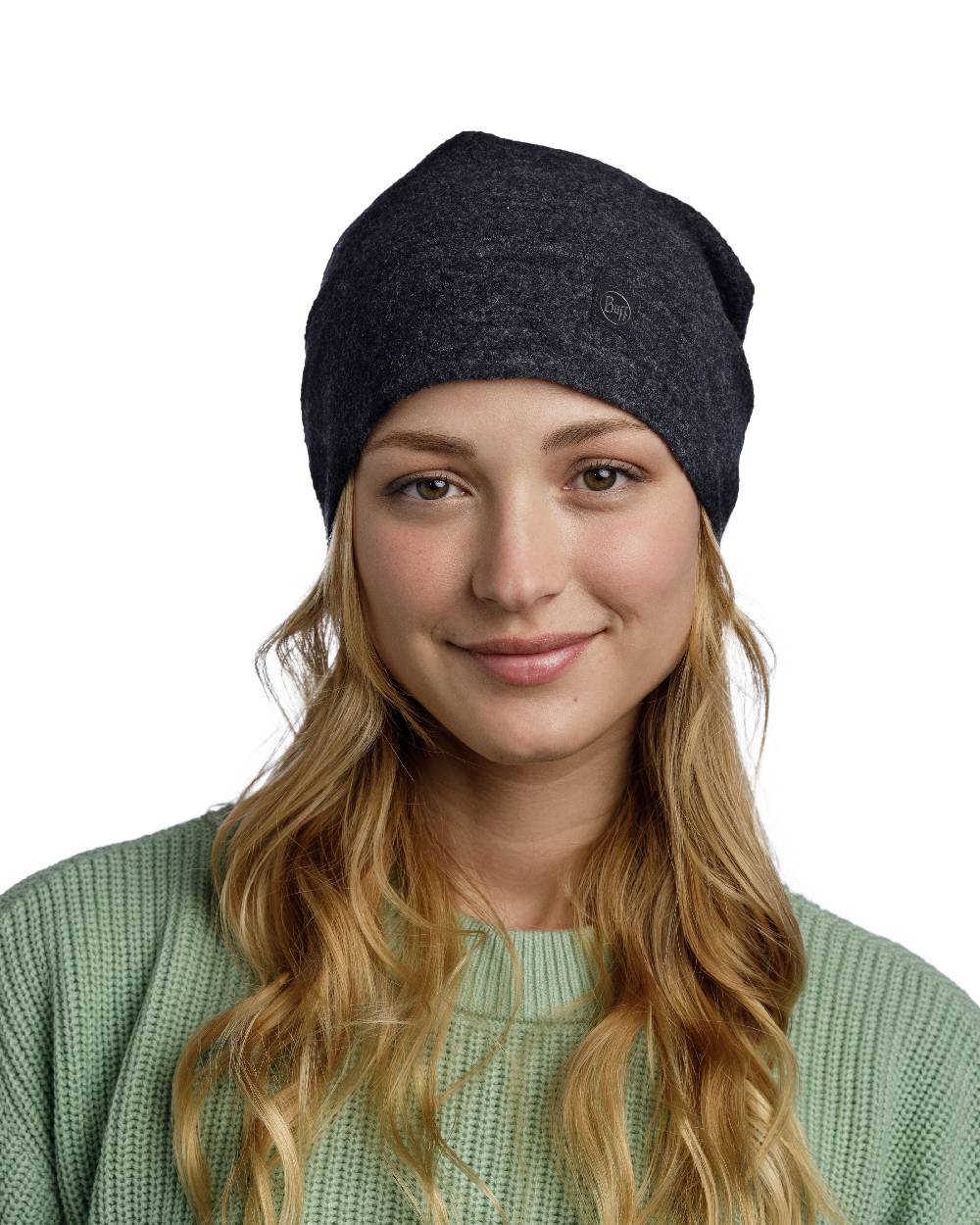 Black Coloured Buff Merino Fleece Beanie on white background 