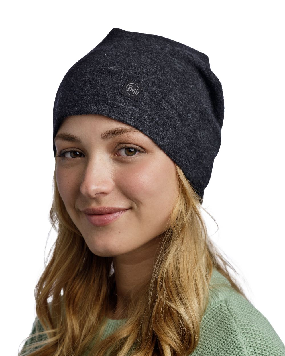 Black Coloured Buff Merino Fleece Beanie on white background 
