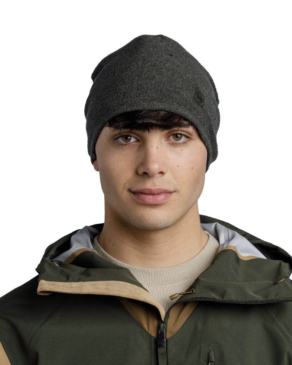 Cedar Coloured Buff Merino Fleece Beanie on white background 