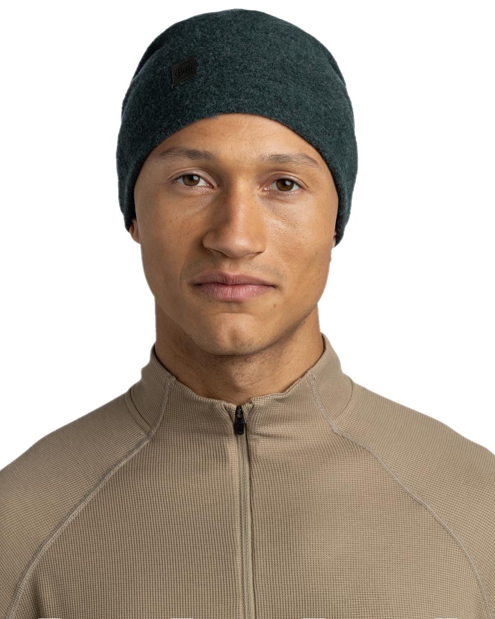 Forest Coloured Buff Merino Fleece Beanie on white background 