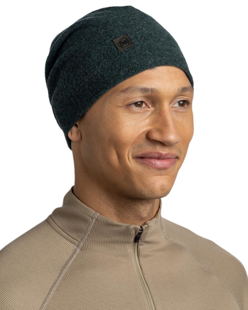 Forest Coloured Buff Merino Fleece Beanie on white background 
