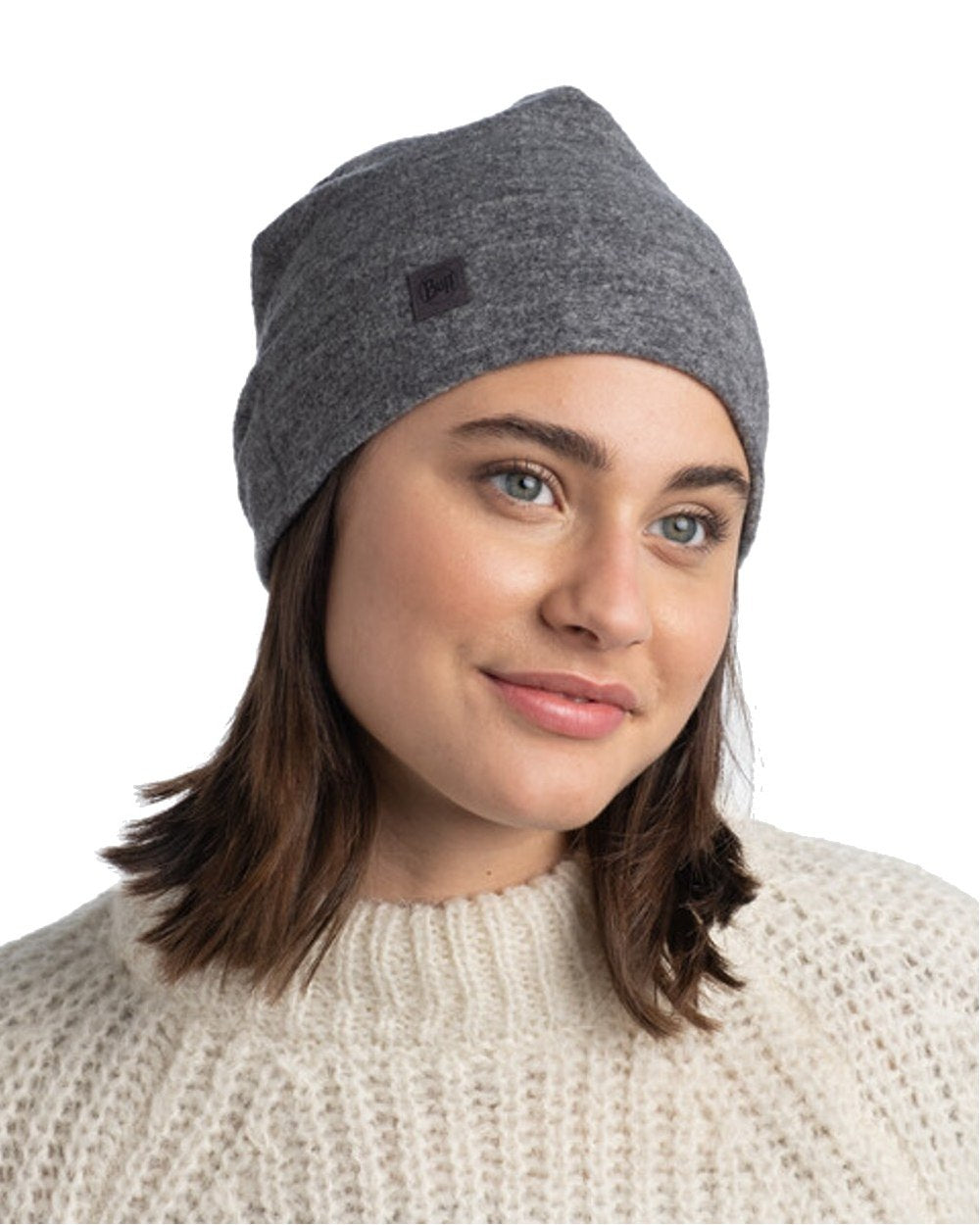 Grey Coloured Buff Merino Fleece Beanie on white background 