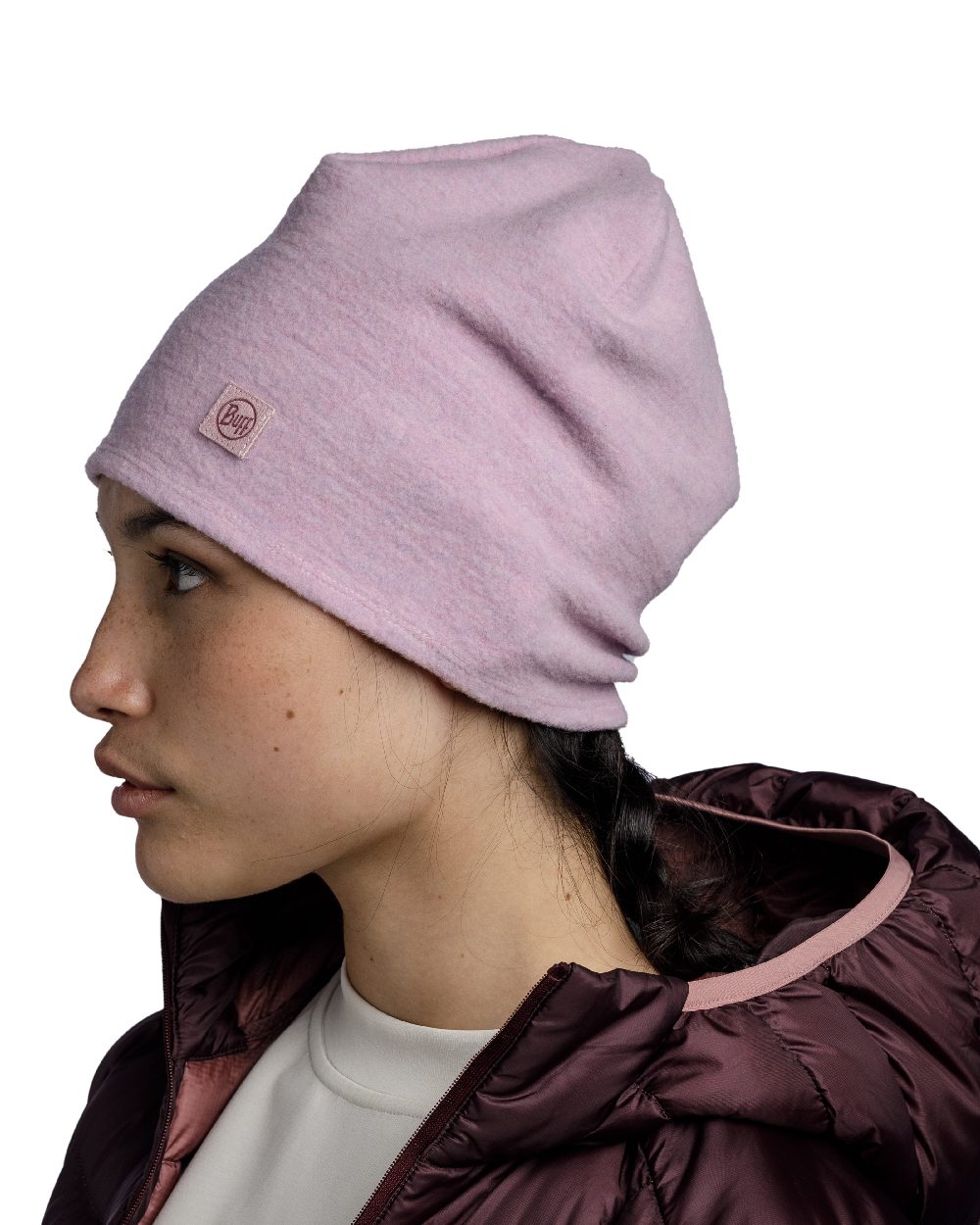 Lilac Sand Coloured Buff Merino Fleece Beanie on white background 
