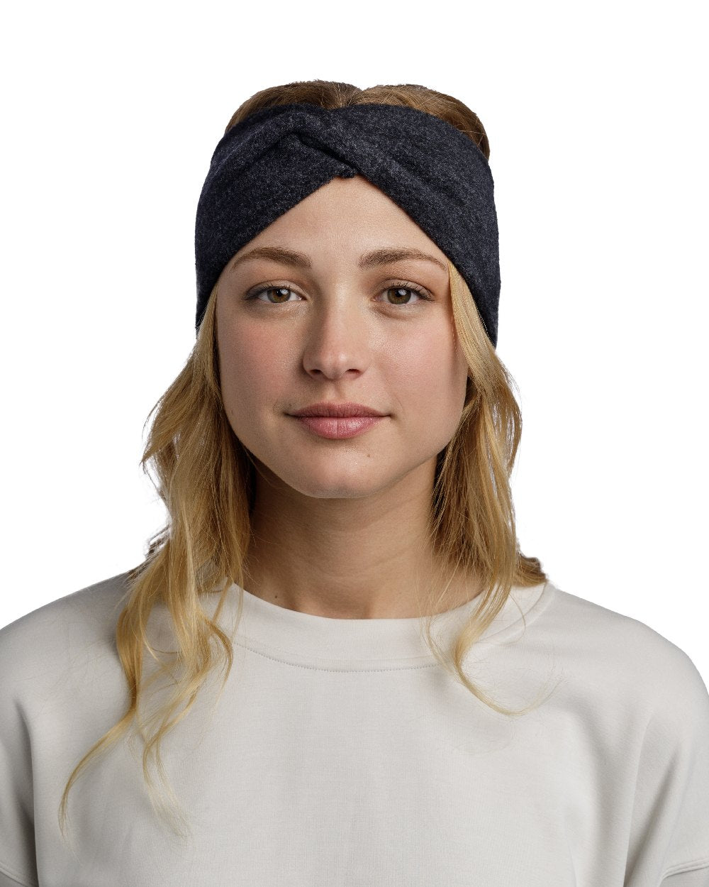 Black Coloured Buff Merino Fleece Headband on white background 