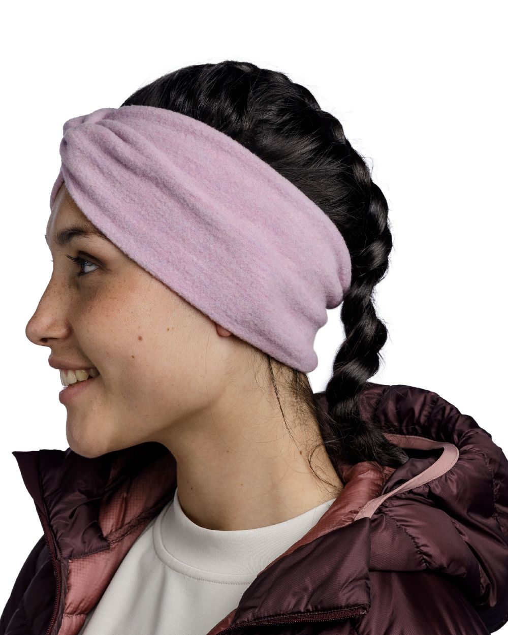 Lilac Sand Coloured Buff Merino Fleece Headband on white background 