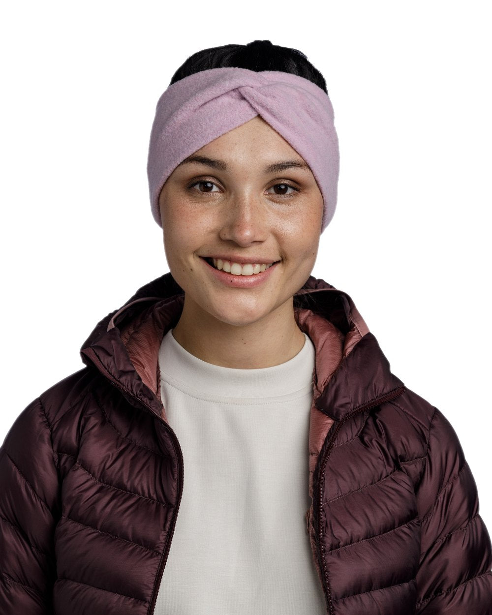 Lilac Sand Coloured Buff Merino Fleece Headband on white background 