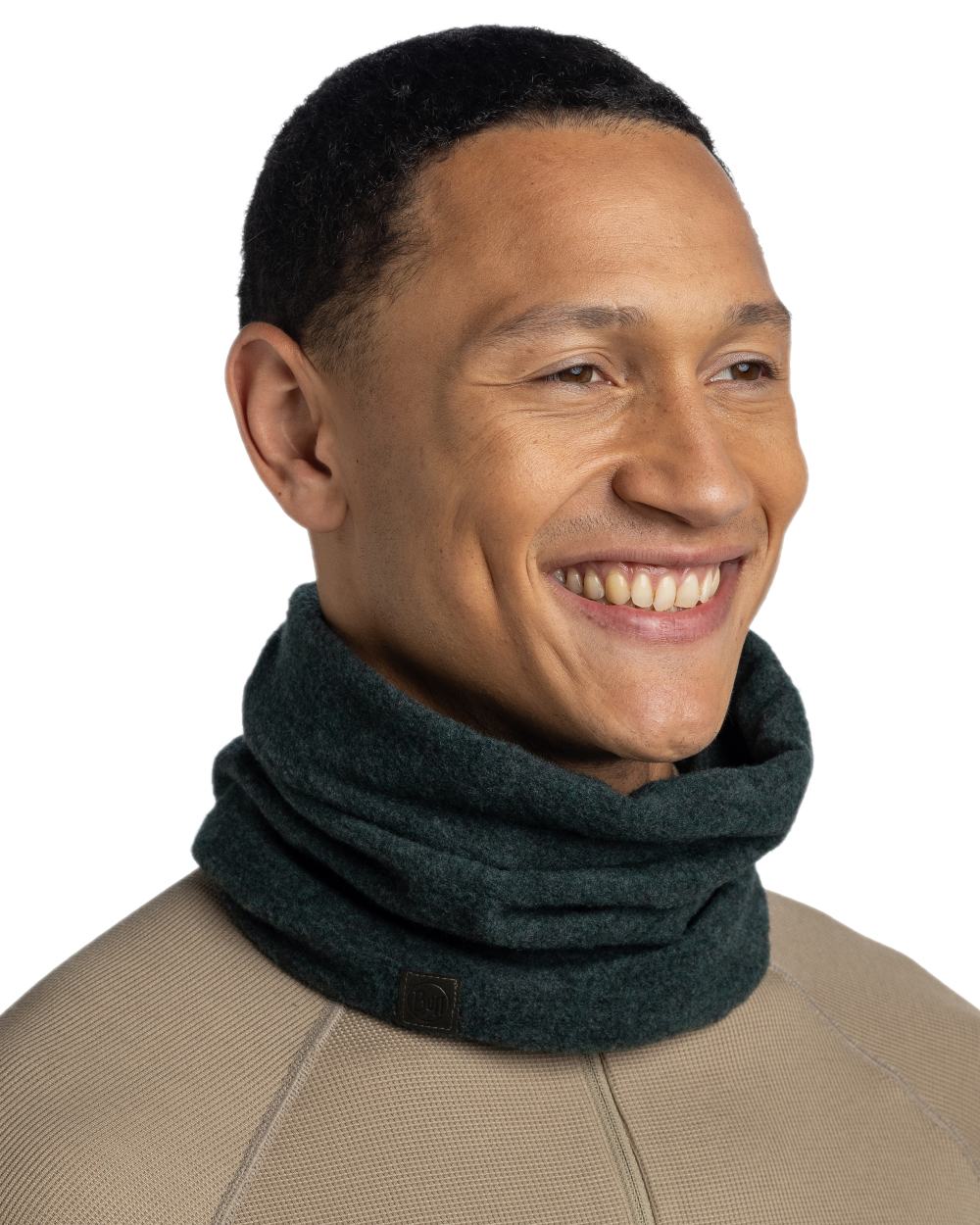 Forest Coloured Buff Merino Fleece Neck Warmer on white background 