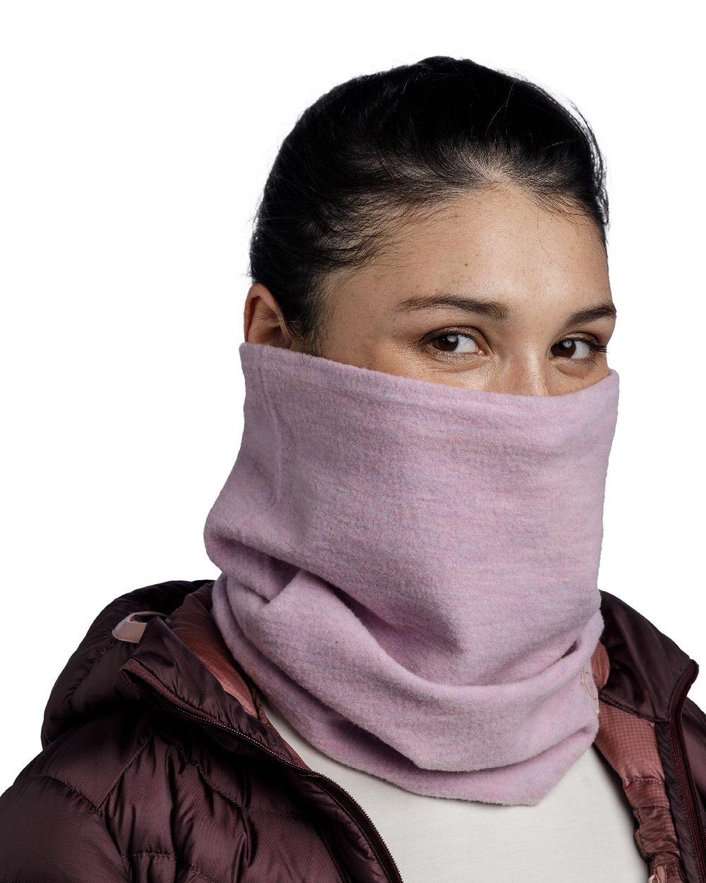 Lilac Sand Coloured Buff Merino Fleece Neck Warmer on white background 